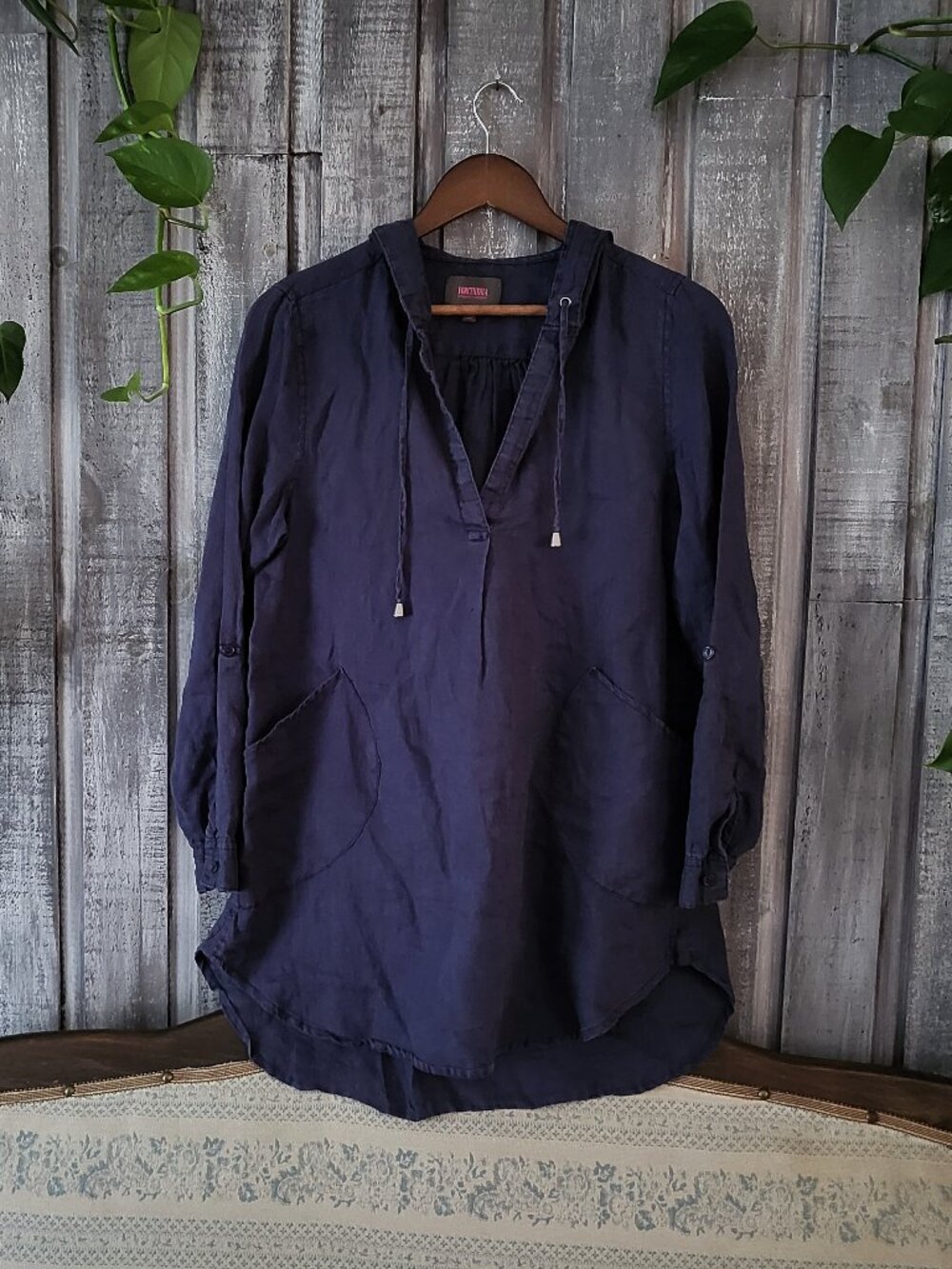 Linen Hoodie Tunic Shirt Navy Blue M ForCynthia